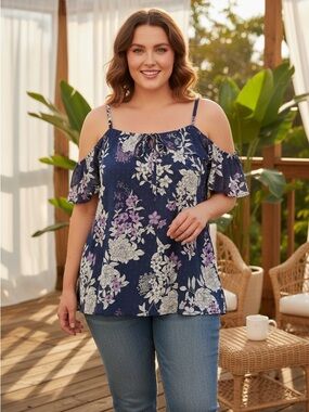 Torrid Blue Floral Dot Texture Cold Shoulder Blouse Shirt Top Sz 4 4X